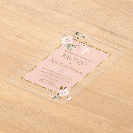 Elegante Roze Blozen Roze Met Bloemen Gouden Doopf Acryl Uitnodigingen (Laagn)