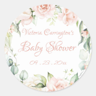 Elegante Roze Blush Bloemachtige Baby Shower Ronde Sticker