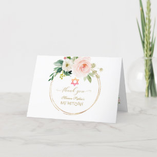 Elegante Roze Blush Bloemen Gouden Foto Bat Mitzva Bedankkaart