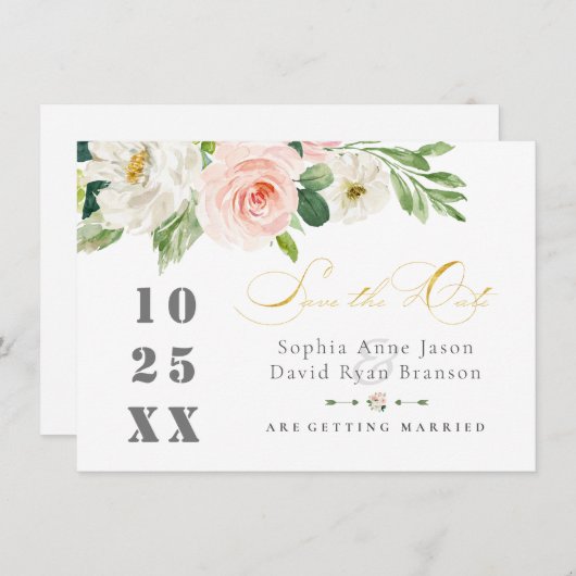 Elegante Roze Blush Bloemen Trouw Goud Save The Date (Voorkant / Achterkant)