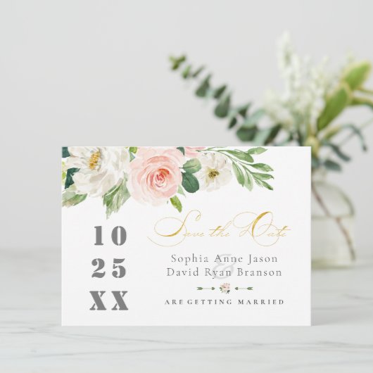 Elegante Roze Blush Bloemen Trouw Goud Save The Date (Staand voorkant)
