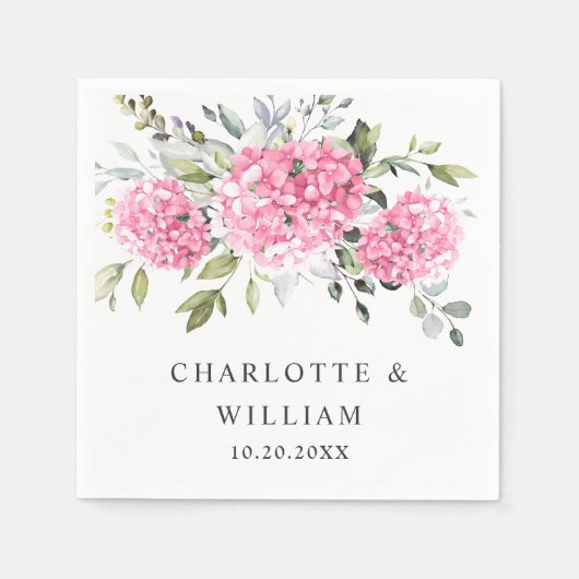 Elegante Roze Blush Hydrangea Eucalyptus Bruiloft Servet (Voorkant)