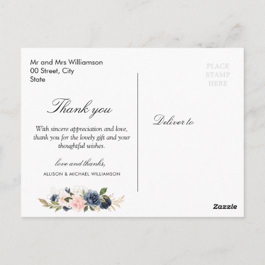Elegante roze blush & navy bloemenbruiloft dank u briefkaart (Achterkant)