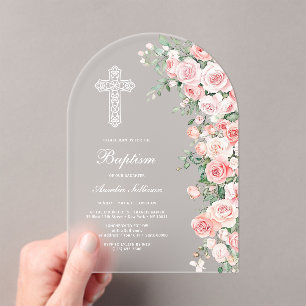 Elegante Roze Blush Rozen Boog Doop Acryl Uitnodigingen
