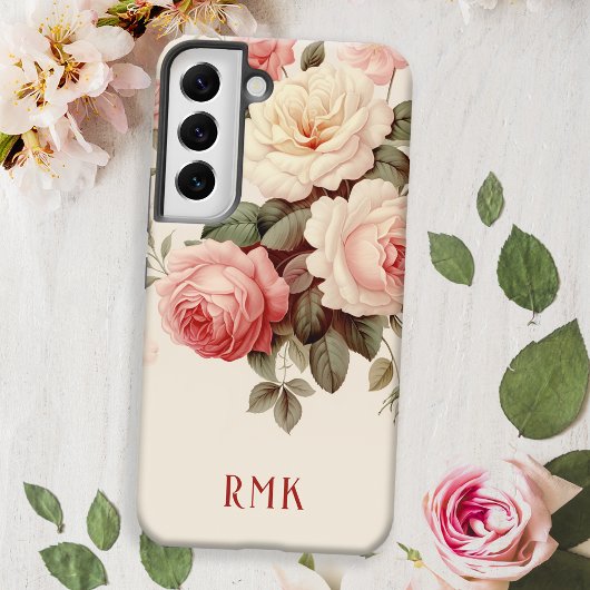 Elegante Roze & Blush Rozen w/Monogram Samsung Galaxy Hoesje