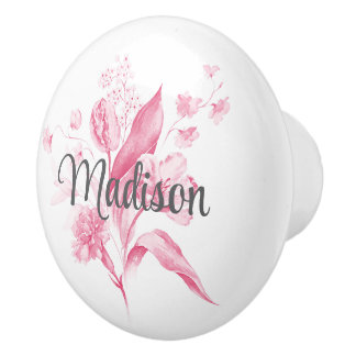 Elegante Roze Boeket Grijze Script Naam Lade Knop