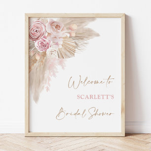 Elegante Roze Boho Pampas Bruidsfeest Verwelkoming Poster