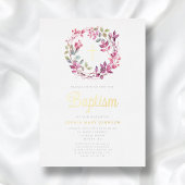 Elegante roze botanische religieuze meisjesdoop folie uitnodiging