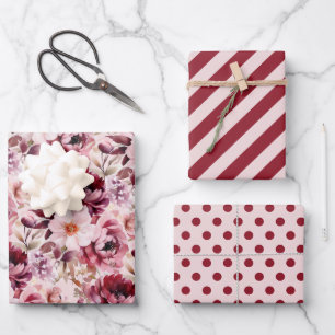 Elegante Roze Bourgogne Bloem Streep Stip Inpakpapier Vel