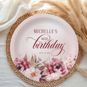 Elegante Roze Bourgondische Bloemen 80ste Verjaard Papieren Bordje