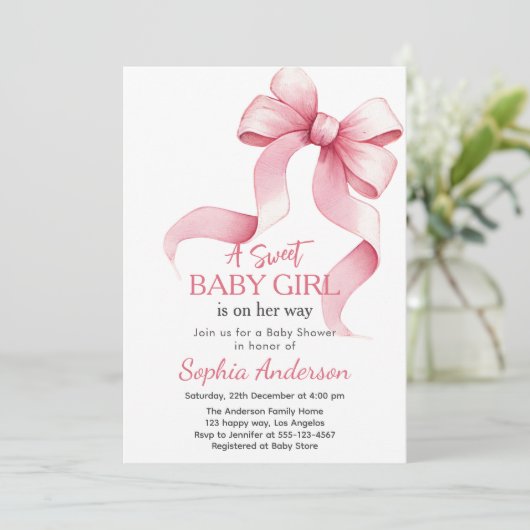 Elegante Roze Bow Baby shower Uitnodiging voor Mei (Staand voorkant)