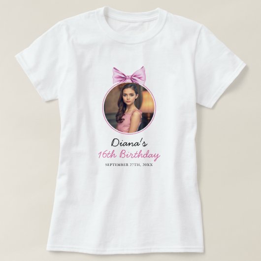 Elegante Roze Bow Coquette Foto Sweet 16 Verjaarda T-shirt (Design voorkant)