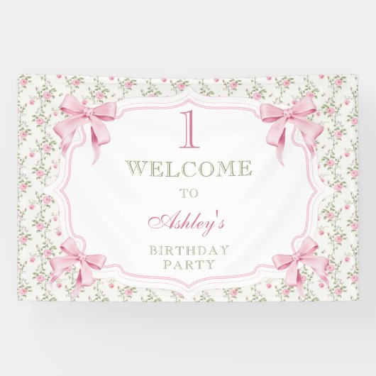 Elegante Roze Bow Coquette Meisje 1e verjaardag Spandoek (Horizontaal)