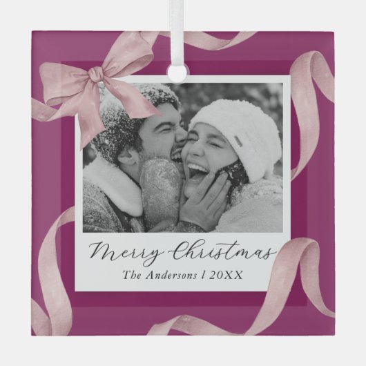 Elegante Roze Bow Fotovakantie Glas Ornament (Voorkant)