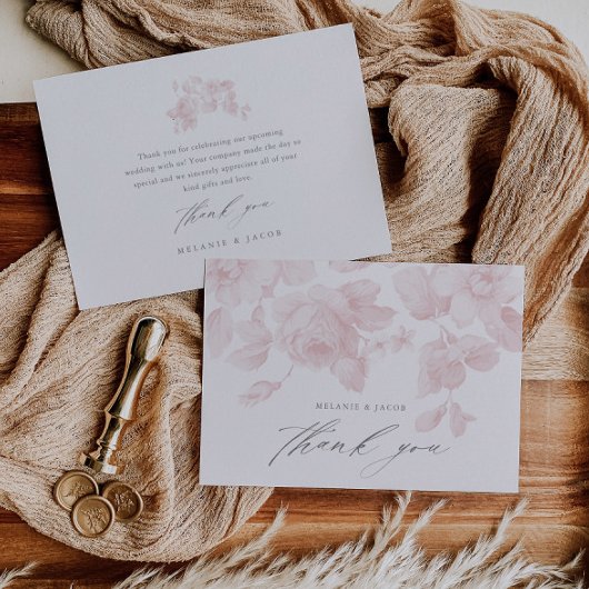 Elegante Roze Bruiloftsdans met Bloemenschrift Bedankkaart