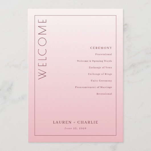 Elegante Roze Ceremonie Schema Programma (Voorkant)