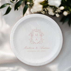 Elegante Roze Chinoiserie Monogram Wapen Huwelijk Papieren Bordje