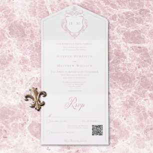 Elegante Roze Chinoiserie Vogel Top Huwelijks QR All In One Uitnodiging