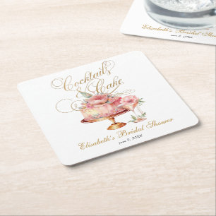 Elegante Roze Cocktails en Taart Bruidsdouche Vierkante Kartonnen Onderzetter
