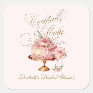 Elegante Roze Cocktails en Taart Bruidsdouche Vierkante Sticker