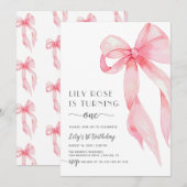 Elegante Roze Coquette Bow Eerste 1e Verjaardag Me Kaart (Voorkant / Achterkant)