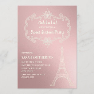 Elegante Roze Crème Eiffeltoren Witte Sweet 16 Kaart