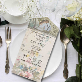 Elegante roze crème geel bloemige Waterverf foto All In One Uitnodiging