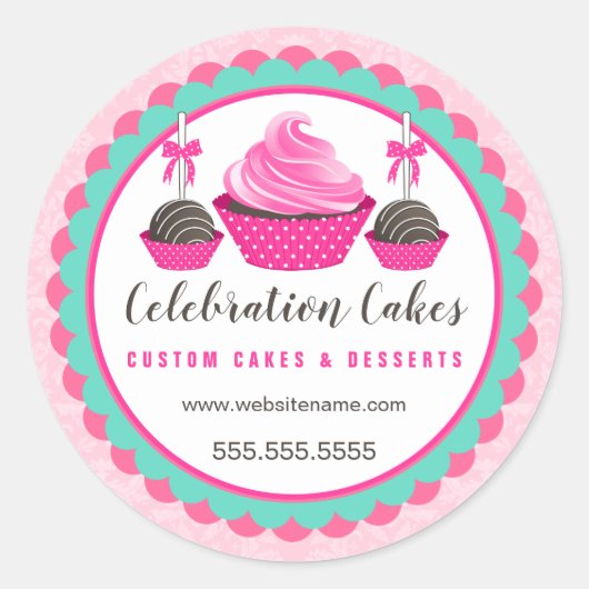 Elegante roze cupcake cake Poppen geschulpte banne Ronde Sticker (Voorkant)