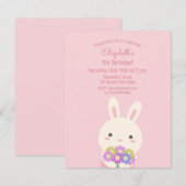 Elegante Roze Cute Konijn & Bloemen Meisje Verjaar Kaart (Voorkant / Achterkant)