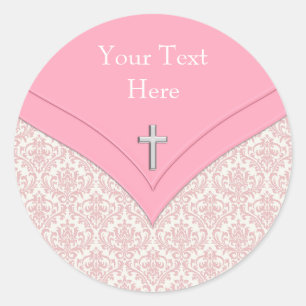Elegante roze Damask doopStickers Ronde Sticker