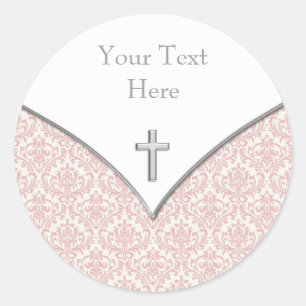 Elegante roze Damask doopStickers Ronde Sticker