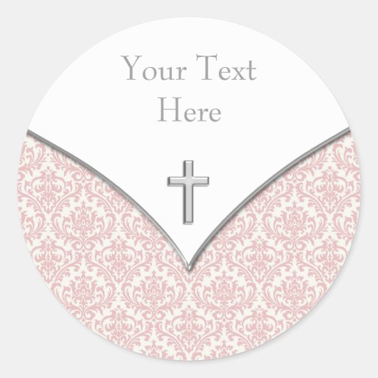 Elegante roze Damask doopStickers Ronde Sticker (Voorkant)