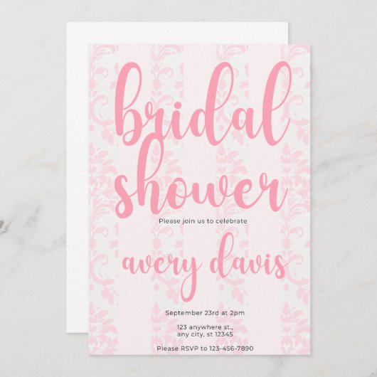 Elegante Roze Damast Bruidsfeest Uitnodiging (Voorkant / Achterkant)