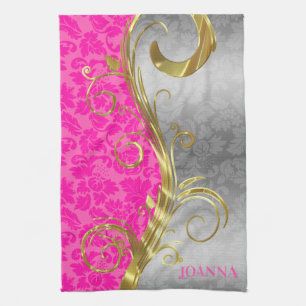 Elegante roze damast goud & zilveren swirls theedoek