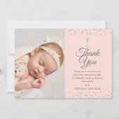 Elegante Roze Doop Zilveren Hartjes Foto Bedankkaart (Voorkant)