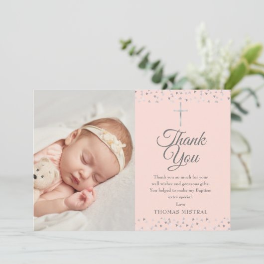 Elegante Roze Doop Zilveren Hartjes Foto Bedankkaart (Staand voorkant)