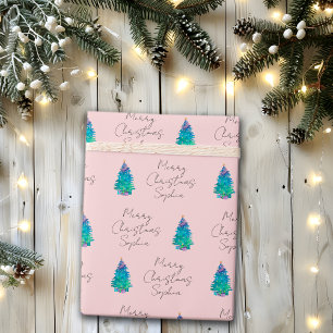Elegante Roze Douane Vrolijk Kerstboom Omslag Cadeaupapier