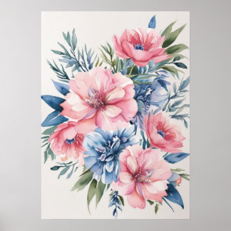 Elegante Roze en Blauwe Bloemkunst Poster