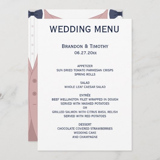 Elegante roze en blauwe gay trouwmenu menu (Voorkant / Achterkant)