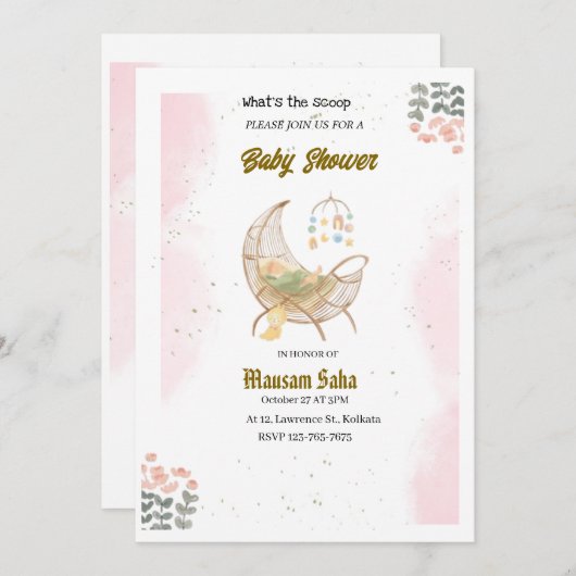 Elegante roze en bruin Baby shower Invitation Kaar Kaart (Voorkant / Achterkant)