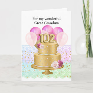 Elegante roze en gouden 102de verjaardagstaart kaart