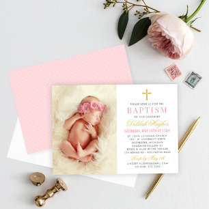 Elegante Roze en Gouden Baby Meisje Foto Doop Kaart