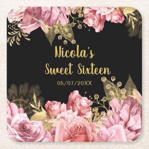 Elegante Roze en Gouden Bloemen Sweet Sixteen Vierkante Kartonnen Onderzetter