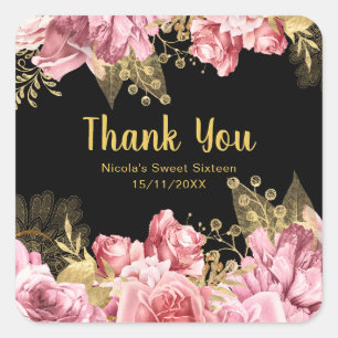 Elegante Roze en Gouden Bloemen Sweet Sixteen Vierkante Sticker
