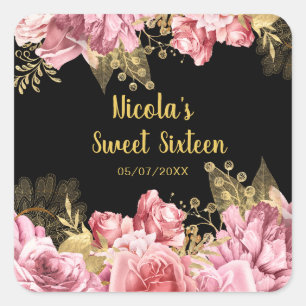 Elegante Roze en Gouden Bloemen Sweet Sixteen Vierkante Sticker