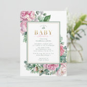 Elegante Roze en Gouden Bloemenmeisje Baby Shower Kaart (Staand voorkant)