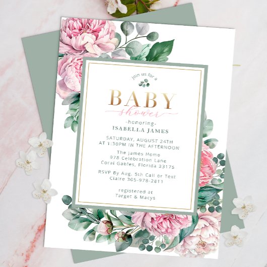 Elegante Roze en Gouden Bloemenmeisje Baby Shower Kaart
