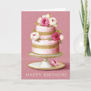Elegante Roze En Gouden Bloemige Verjaardagstaart Kaart
