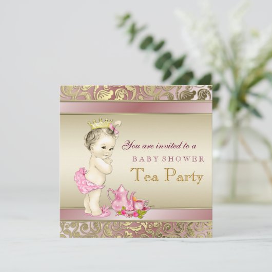 Elegante roze en gouden meisjes Tea Party Baby sho Kaart (Staand voorkant)