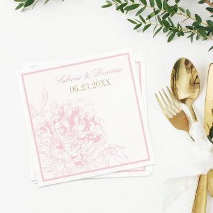 Elegante Roze en Gouden Pioen Trouwdag Servet